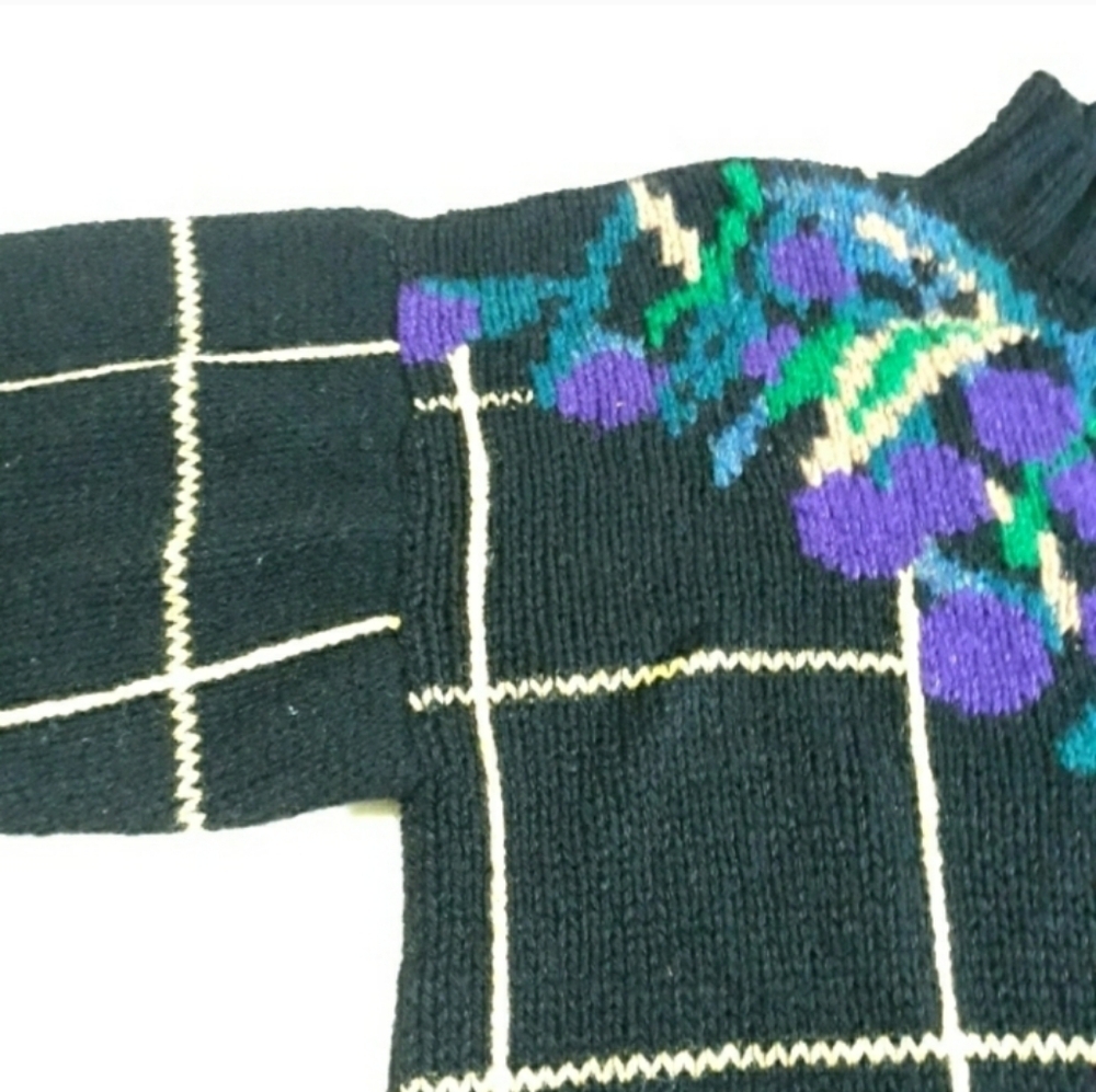 Floral Grid Sweater 100 % Shetland Wool Black  Purple And Yellow Size Medium - Picture 6 of 11